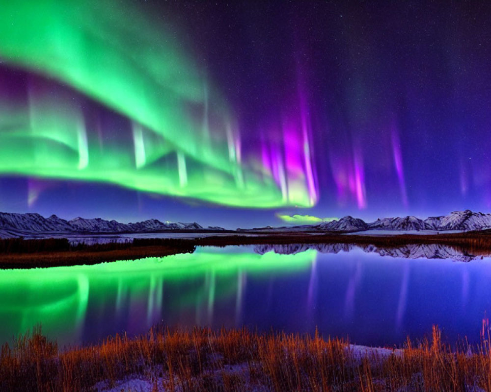 Aurora Borealis Reflecting on Calm Lake Amid Snowy Mountains