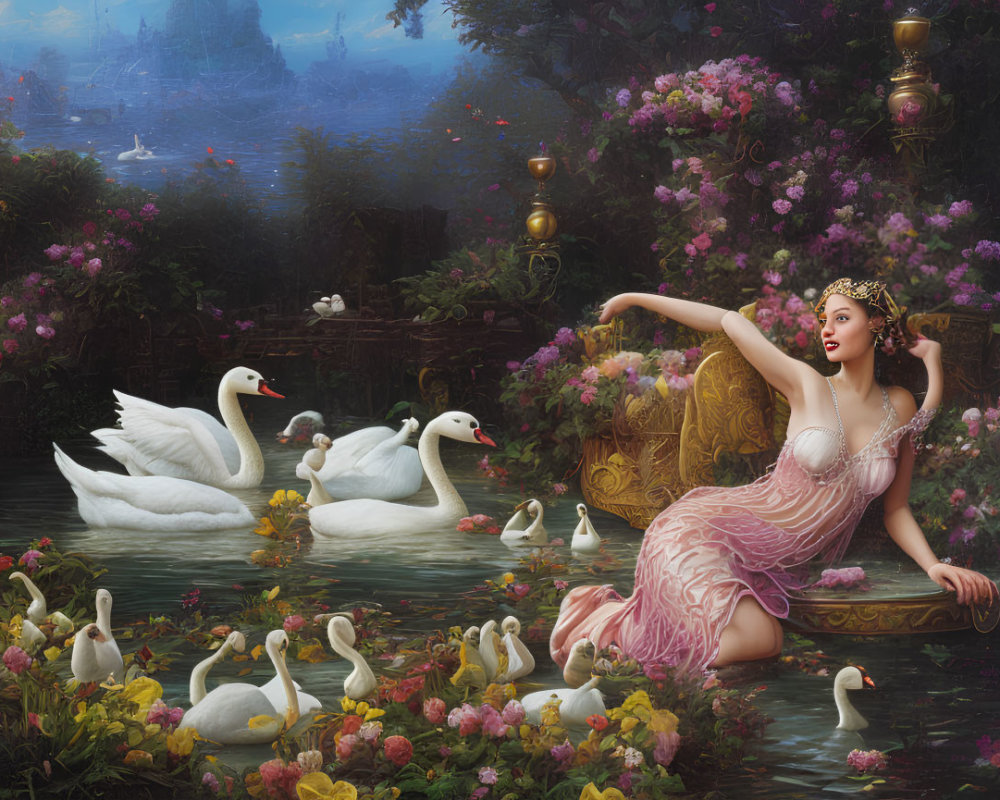 Woman in flowing dress by pond with swans and lush flowers.