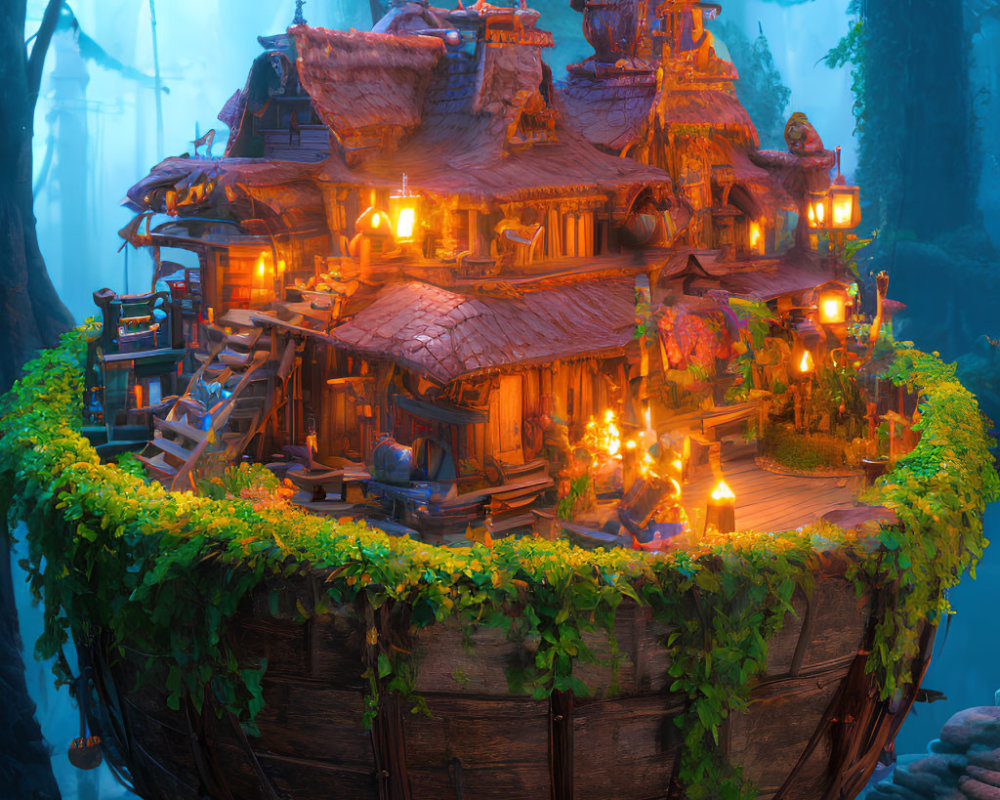 Detailed Fantasy Treehouse with Multiple Roofs and Glowing Lanterns