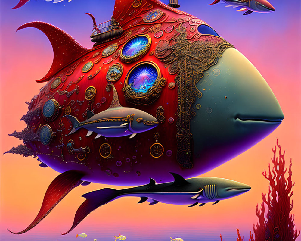 Colorful Fish with Mechanical Features on Purple-Orange Coral Background