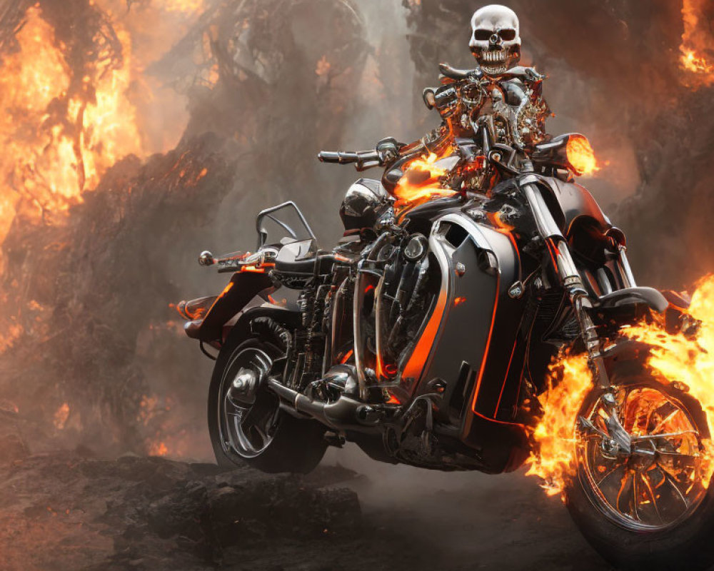 Skeleton on Flaming Motorcycle in Fiery Terrain