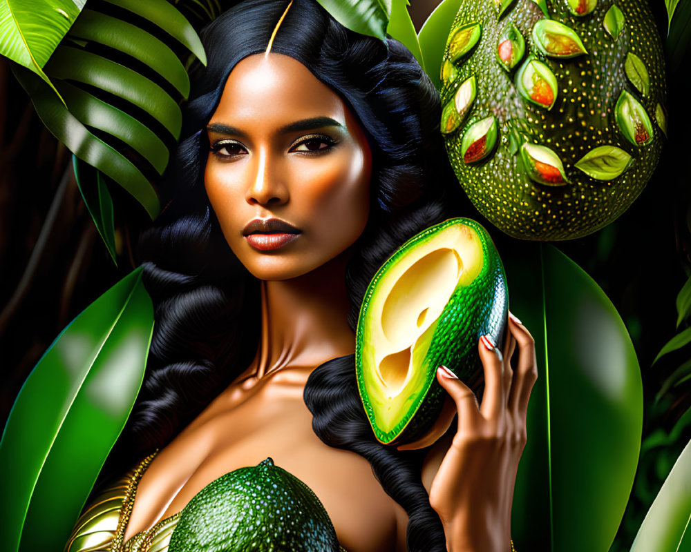 Woman holding sliced avocado in lush greenery with vibrant avocado tree.