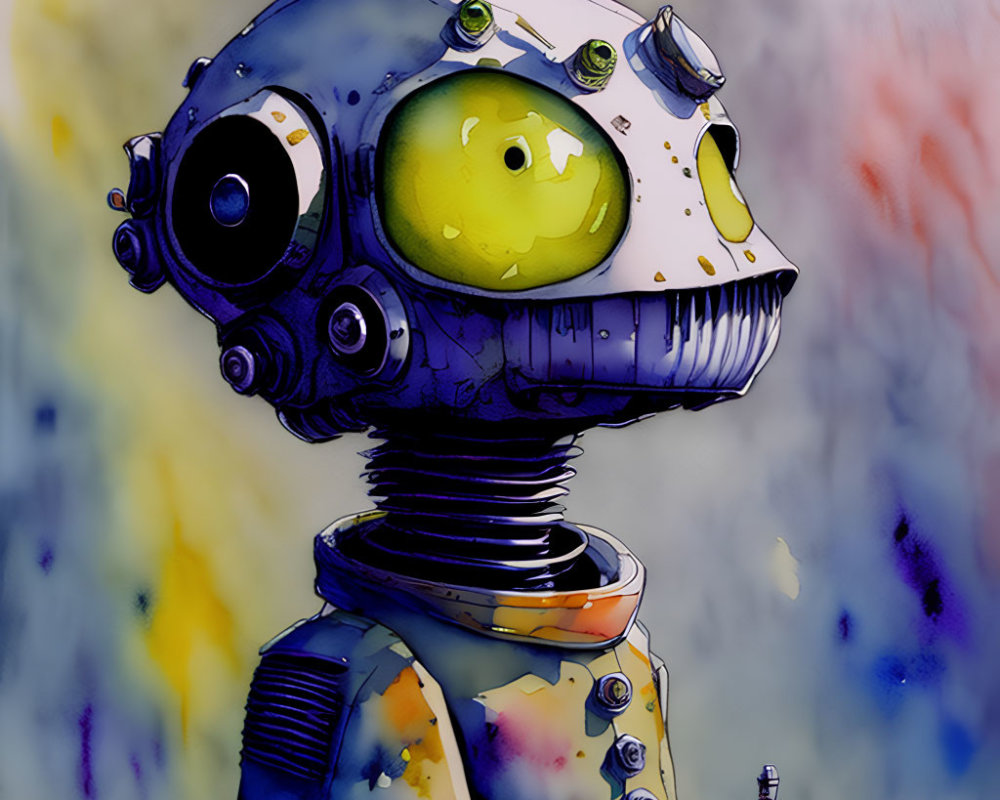 Illustrated robot with yellow eye and helmet head on abstract background