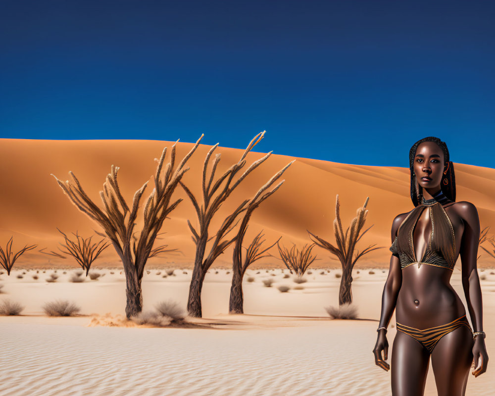 3D rendered image of woman in bikini in desert landscape