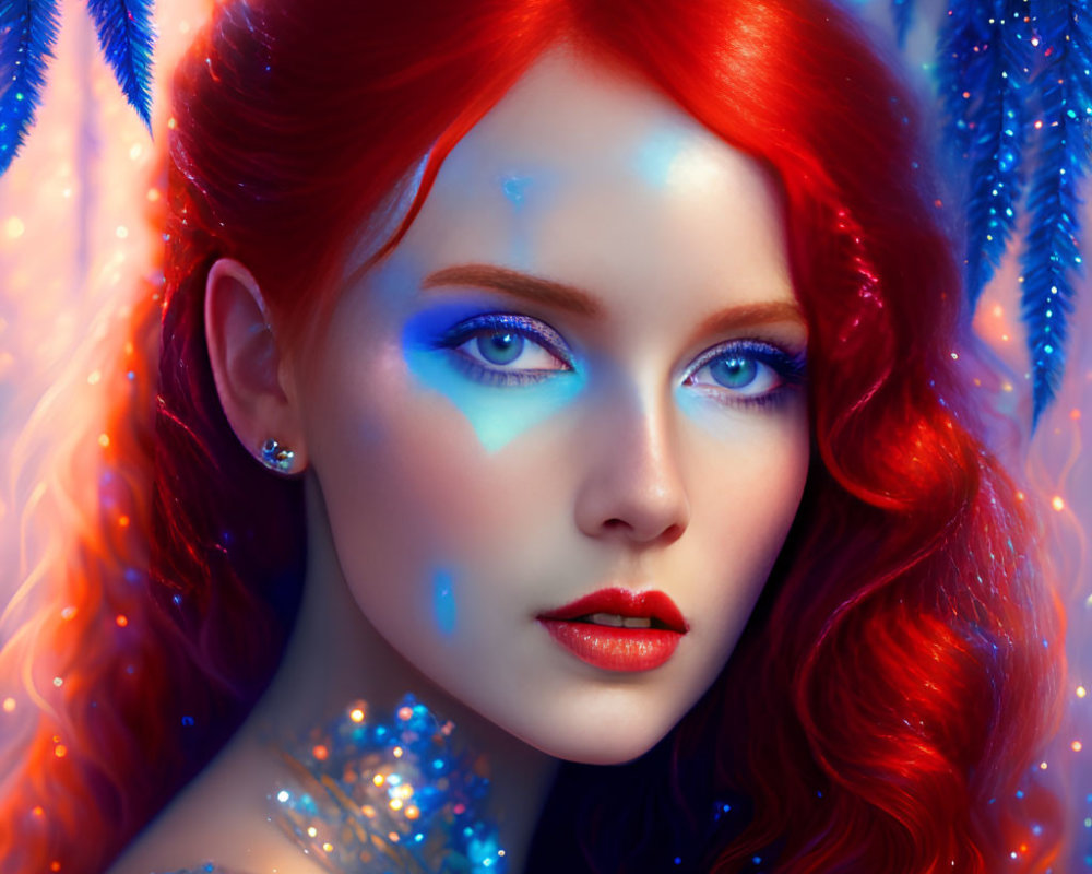 Vibrant red-haired woman with blue eyes and freckles on fiery icy backdrop