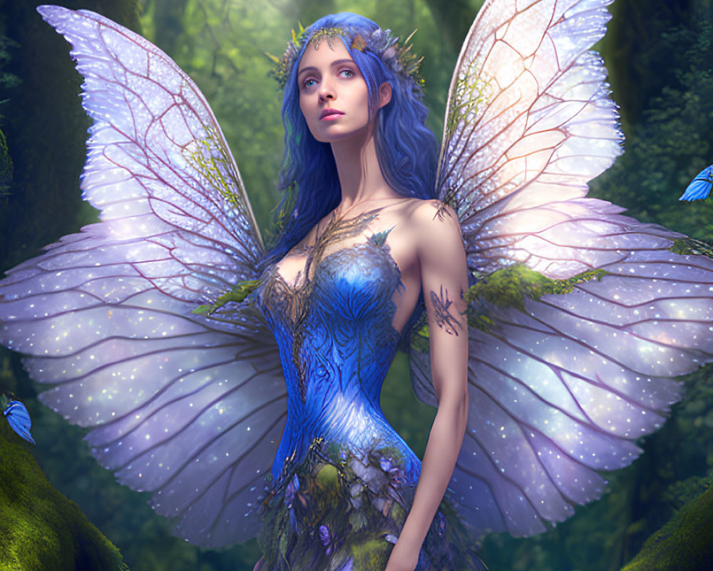 Digital Artwork: Fairy with Translucent Wings in Mystical Forest