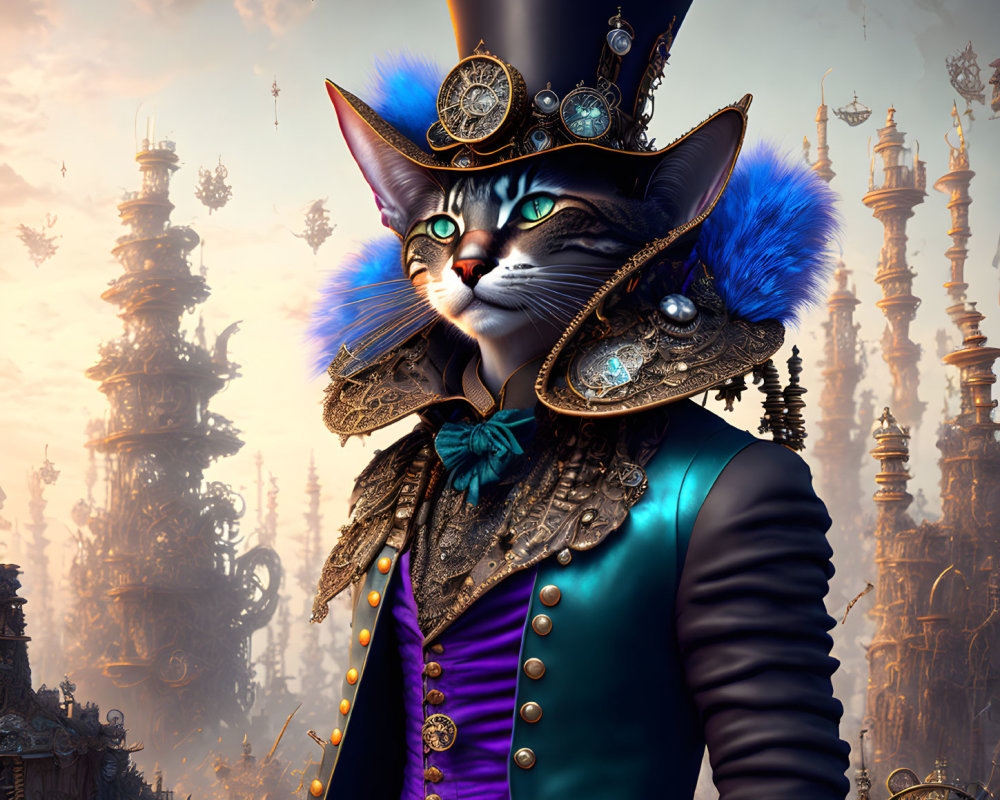 Steampunk-themed anthropomorphic cat with top hat and goggles