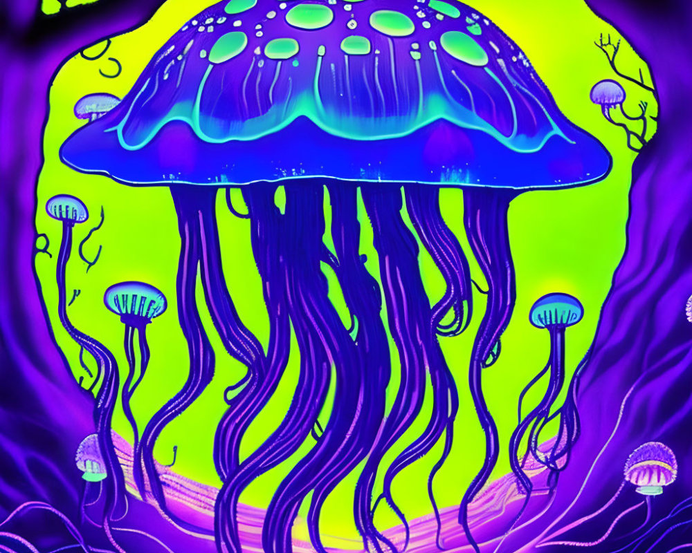 Colorful Digital Artwork: Large Blue Jellyfish Among Smaller Ones