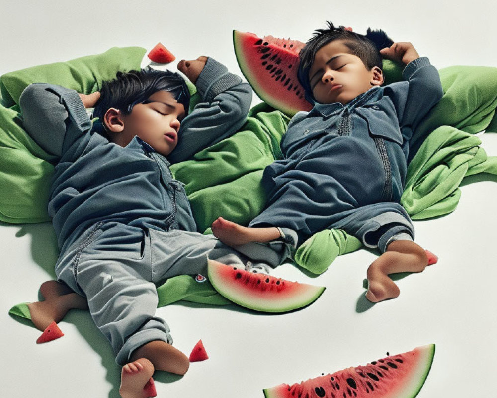 Children Sleeping on Soft Green Surface Surrounded by Watermelon Slices