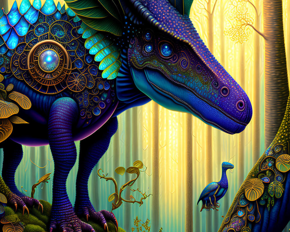 Colorful digital artwork: Blue ornate dinosaur in mystical forest