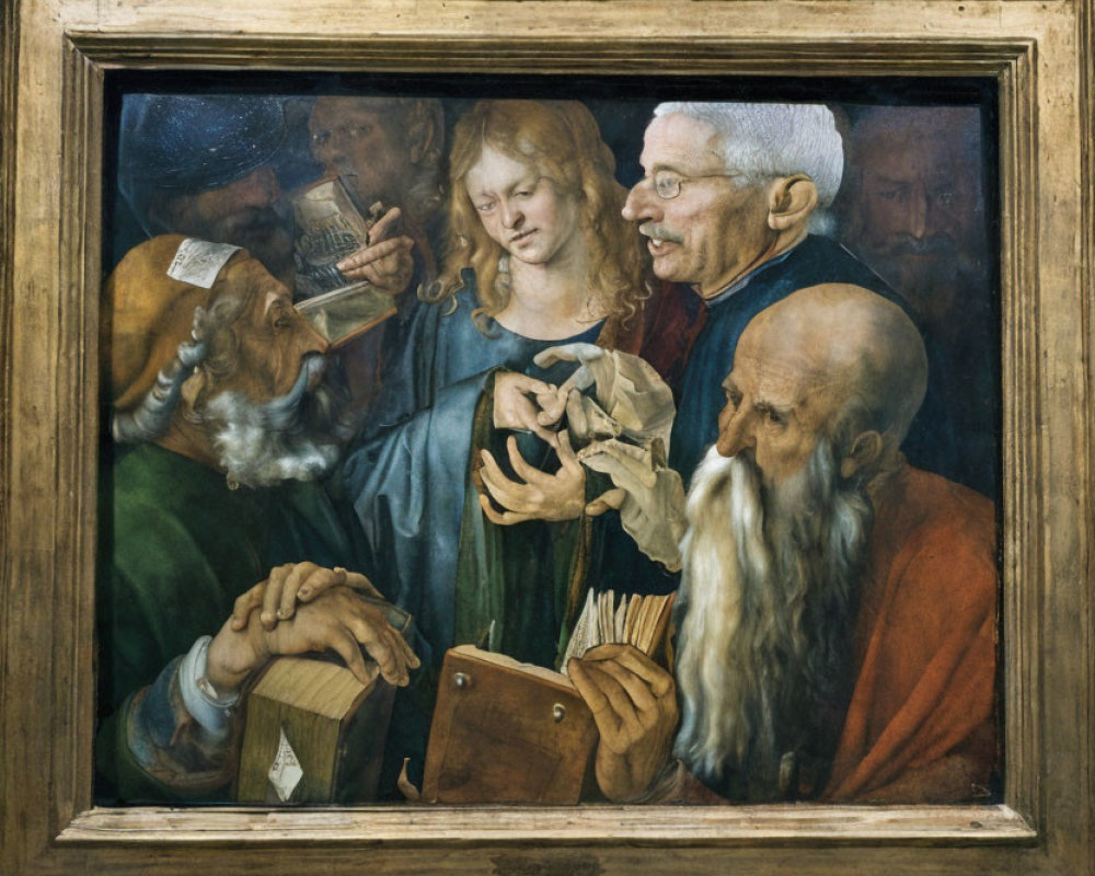 Group of men in Renaissance painting with bag of coins and varied expressions