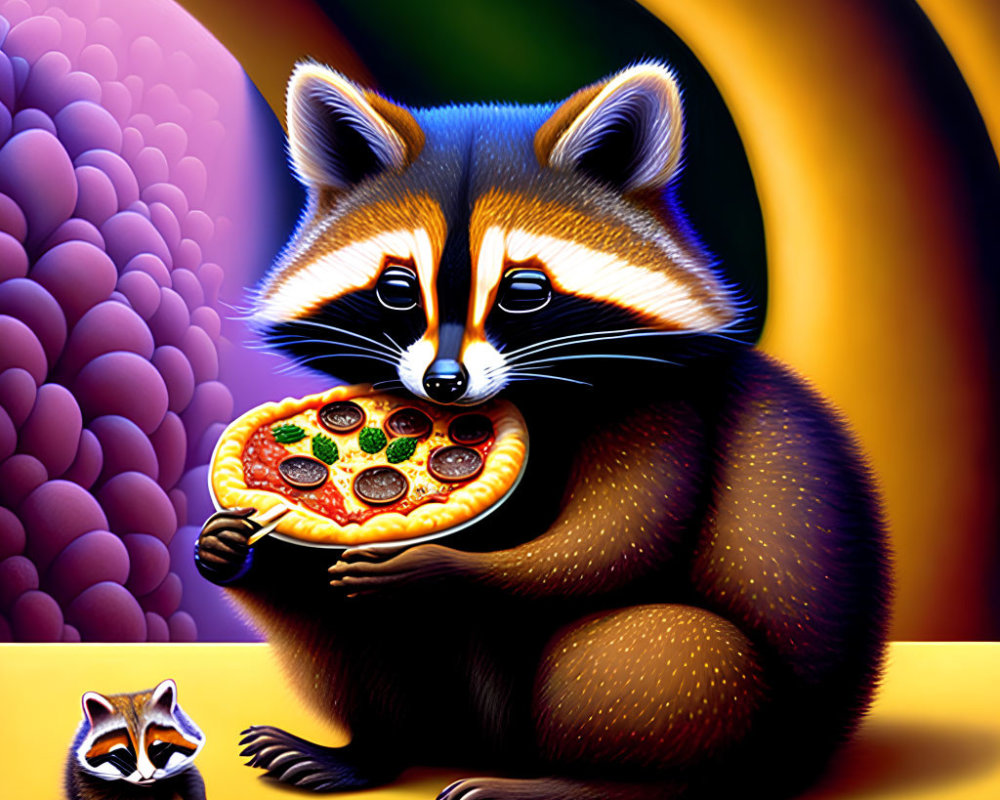 Vivid illustration of large raccoon with pizza slice, whimsical background