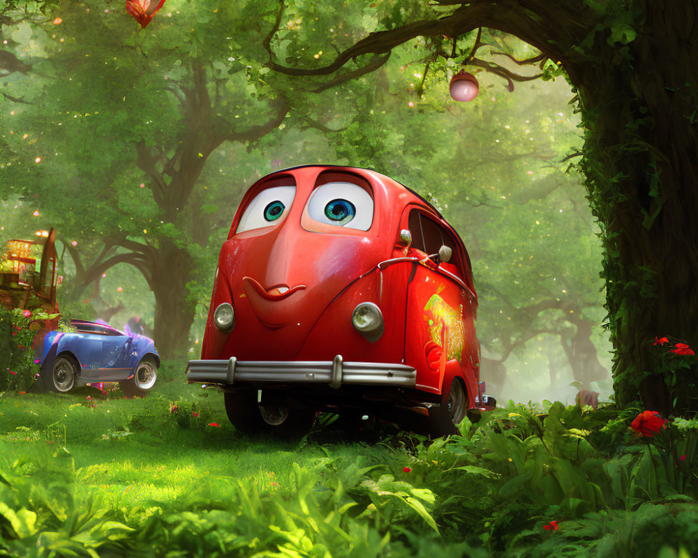 Anthropomorphic red vintage van in sunlit forest clearing