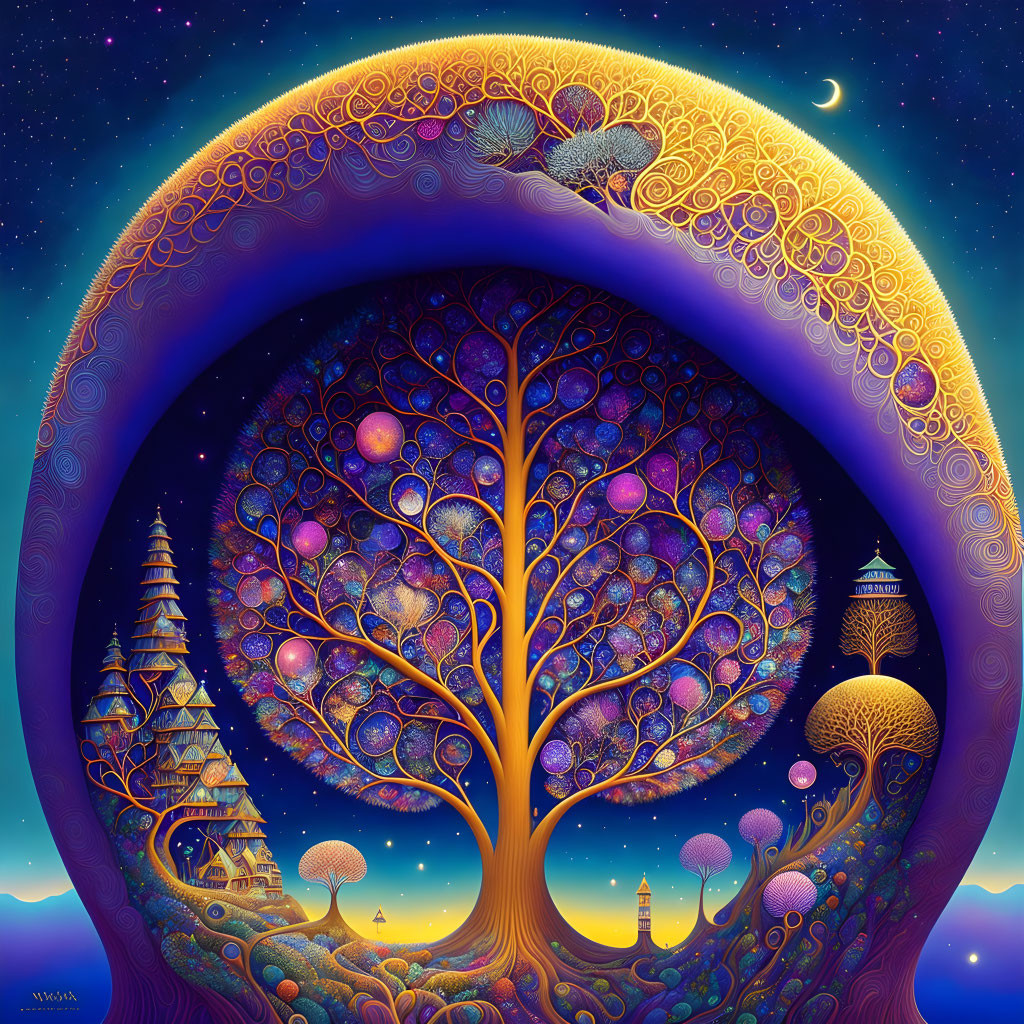 Colorful circular artwork of a fantastical tree and whimsical structures under a starry sky