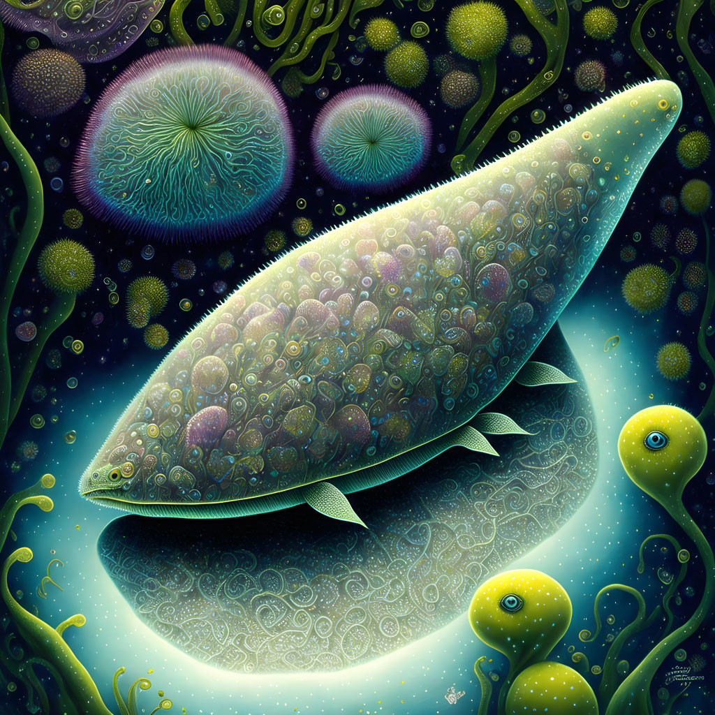 Colorful surreal painting: patterned fish, abstract eye-like shapes, organic forms, cosmic background