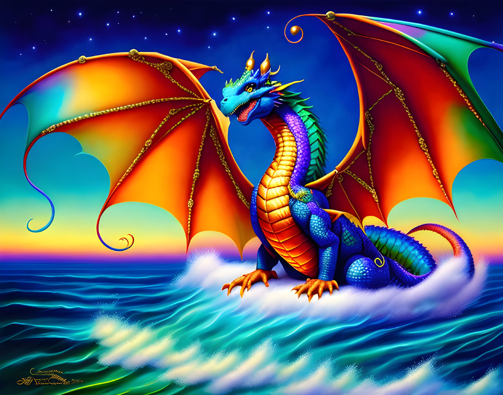 Colorful dragon art: Blue and orange dragon with wings on a wave under twilight sky