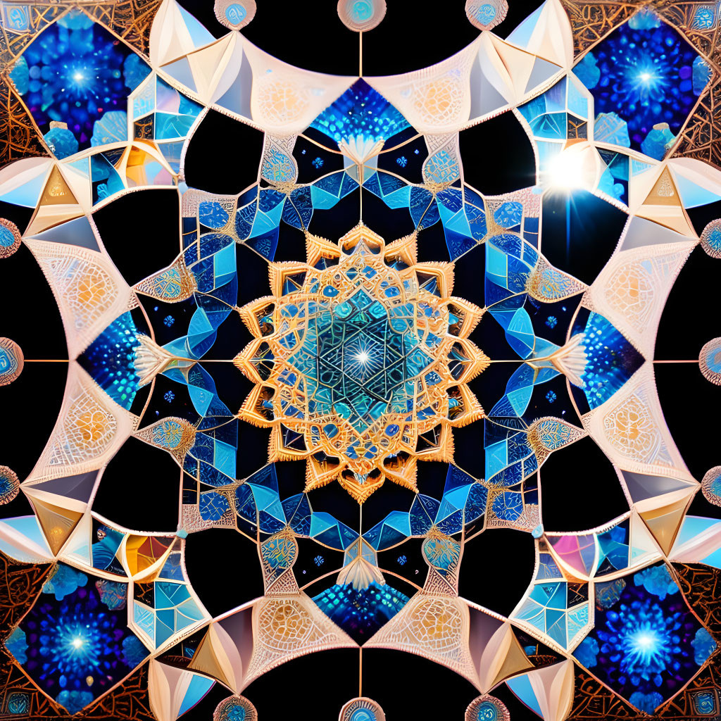 Symmetrical Islamic geometric art with blue and gold star motifs