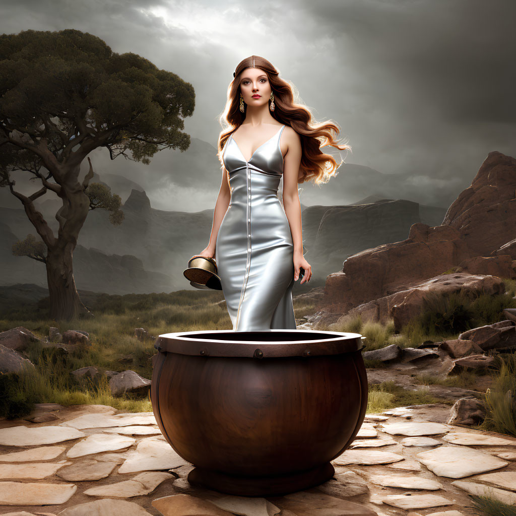 Illustrated woman with long hair in cauldron on savanna landscape