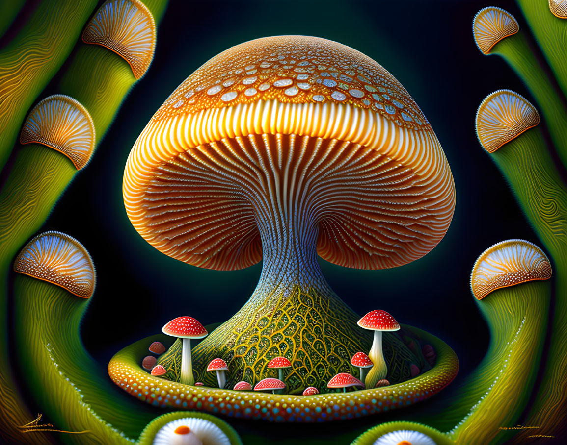 Detailed Mushroom Artwork on Black Background with Green Accents