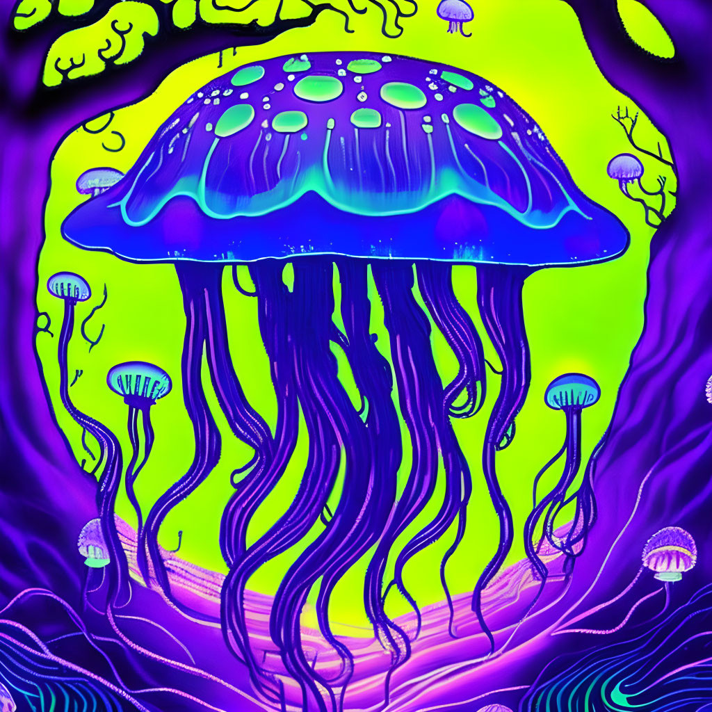 Colorful Digital Artwork: Large Blue Jellyfish Among Smaller Ones