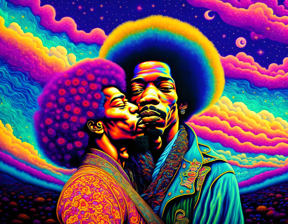 Psychedelic image: Two individuals with large afros embracing in colorful celestial backdrop