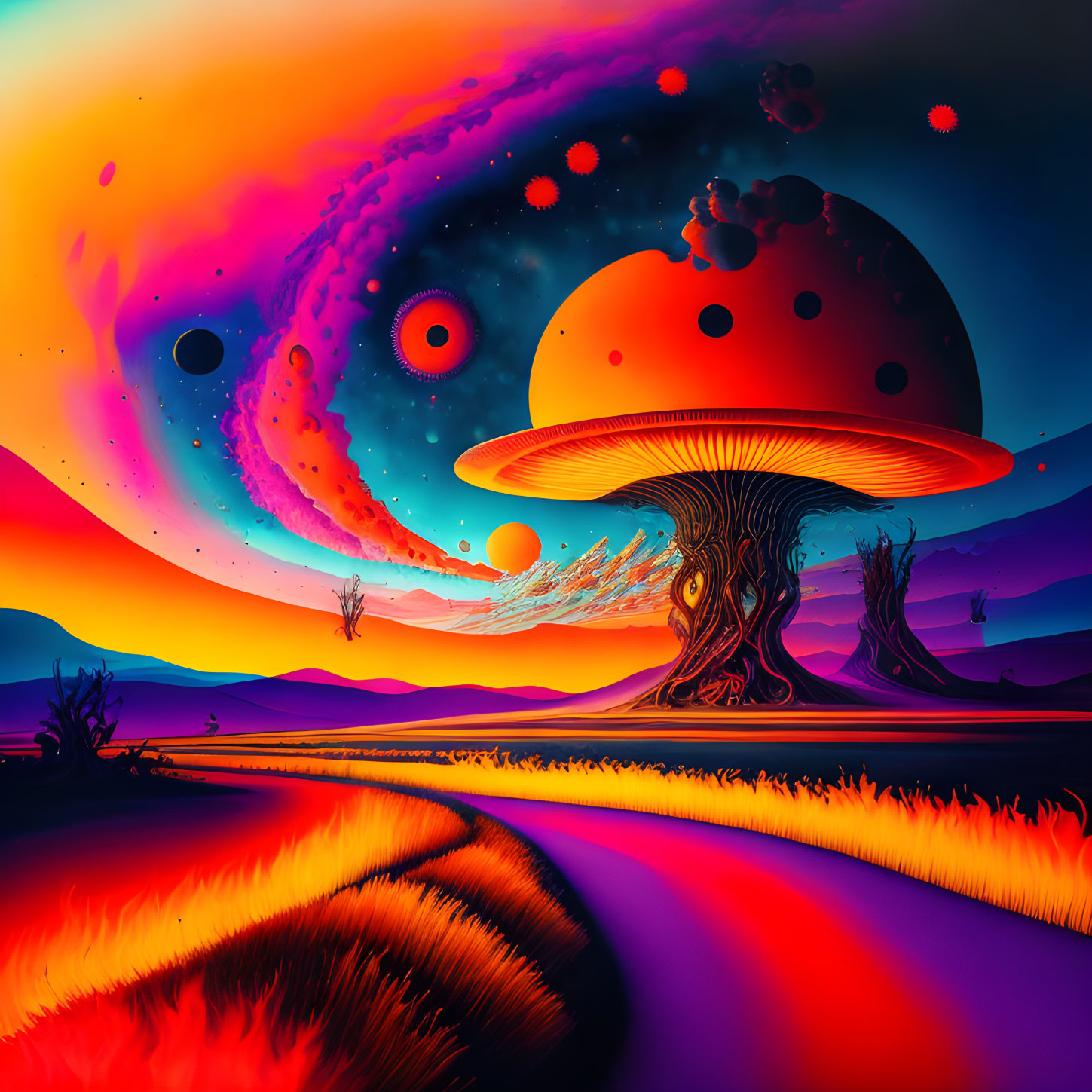 Colorful surreal landscape with giant mushroom tree and fiery grass