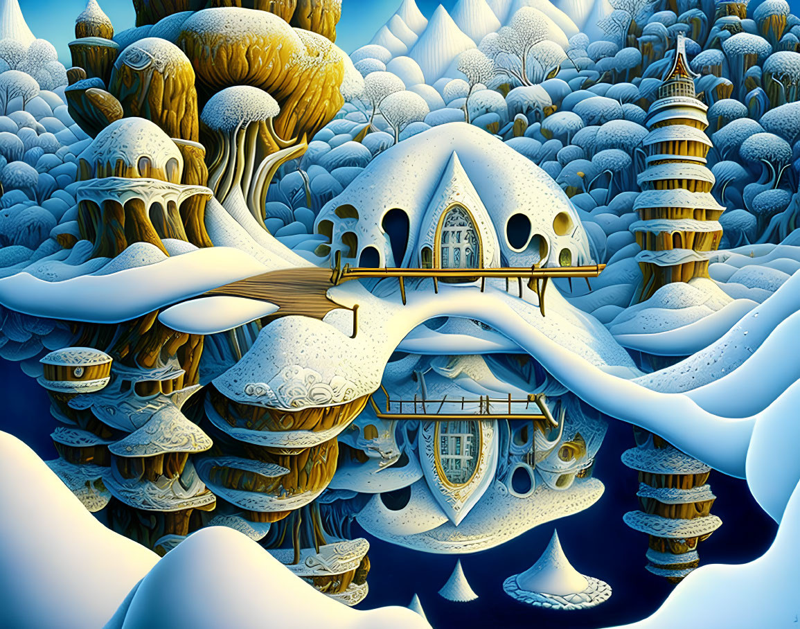 Surreal snow-covered landscape with whimsical architecture