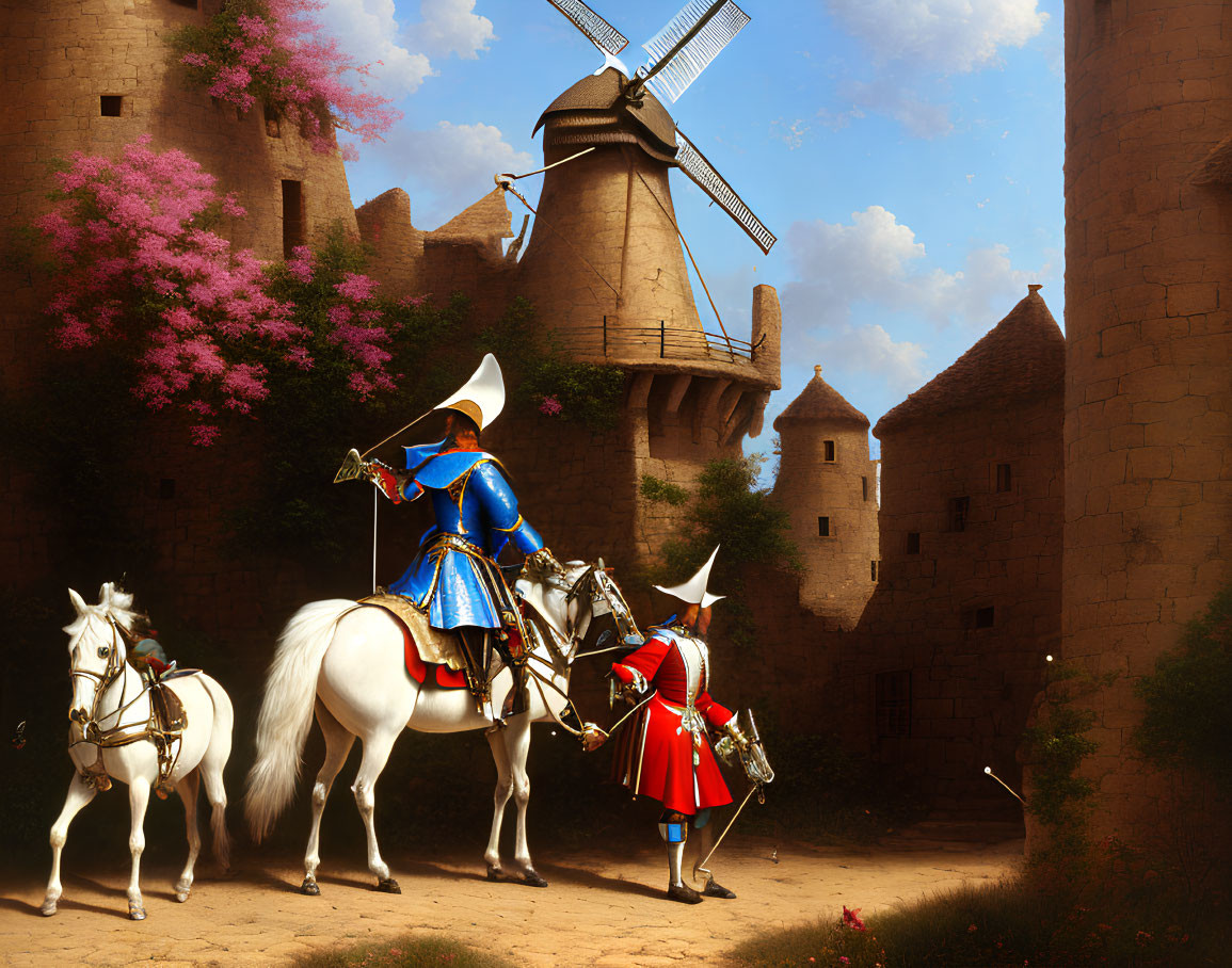 Medieval knight in blue armor on white horse with squire near castle ruins and windmill under clear