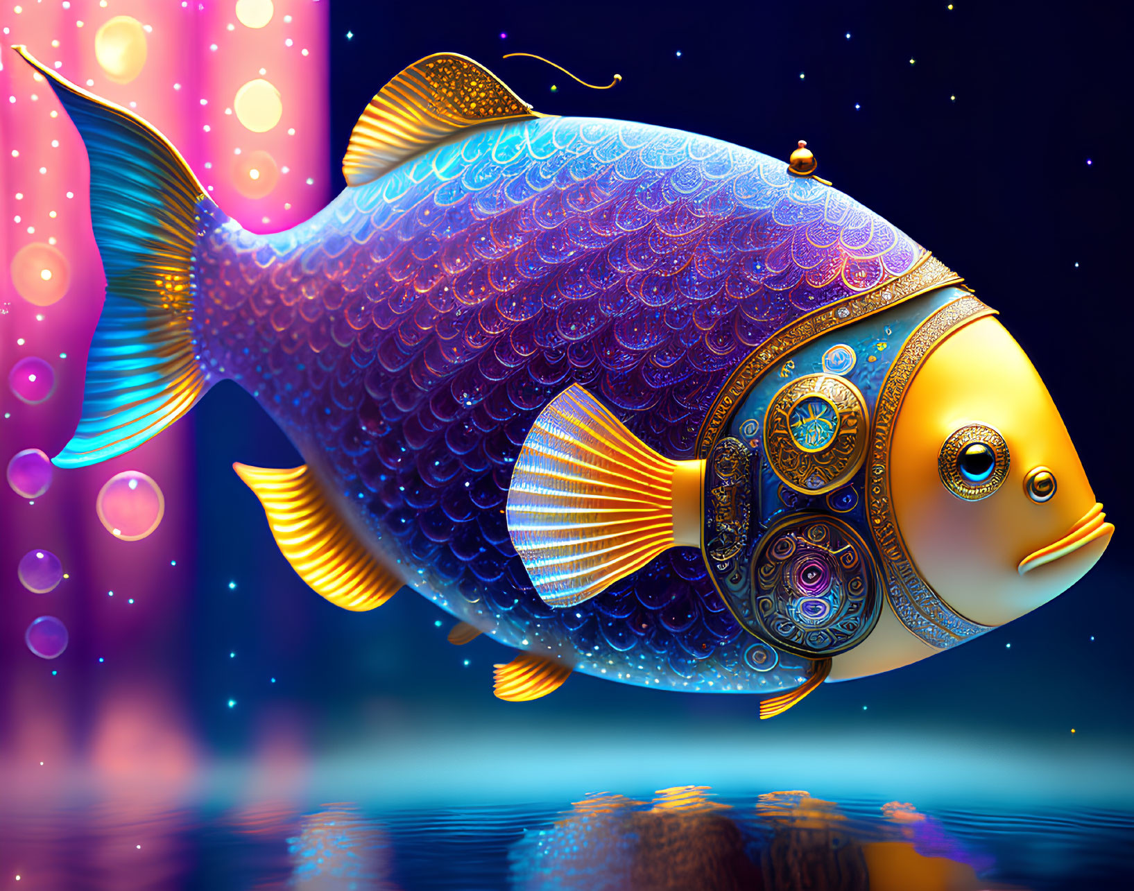 Mechanical fish illustration with gear details in underwater scene