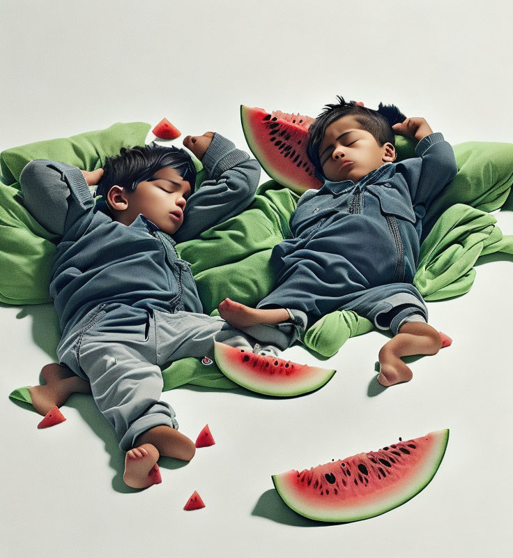 Children Sleeping on Soft Green Surface Surrounded by Watermelon Slices