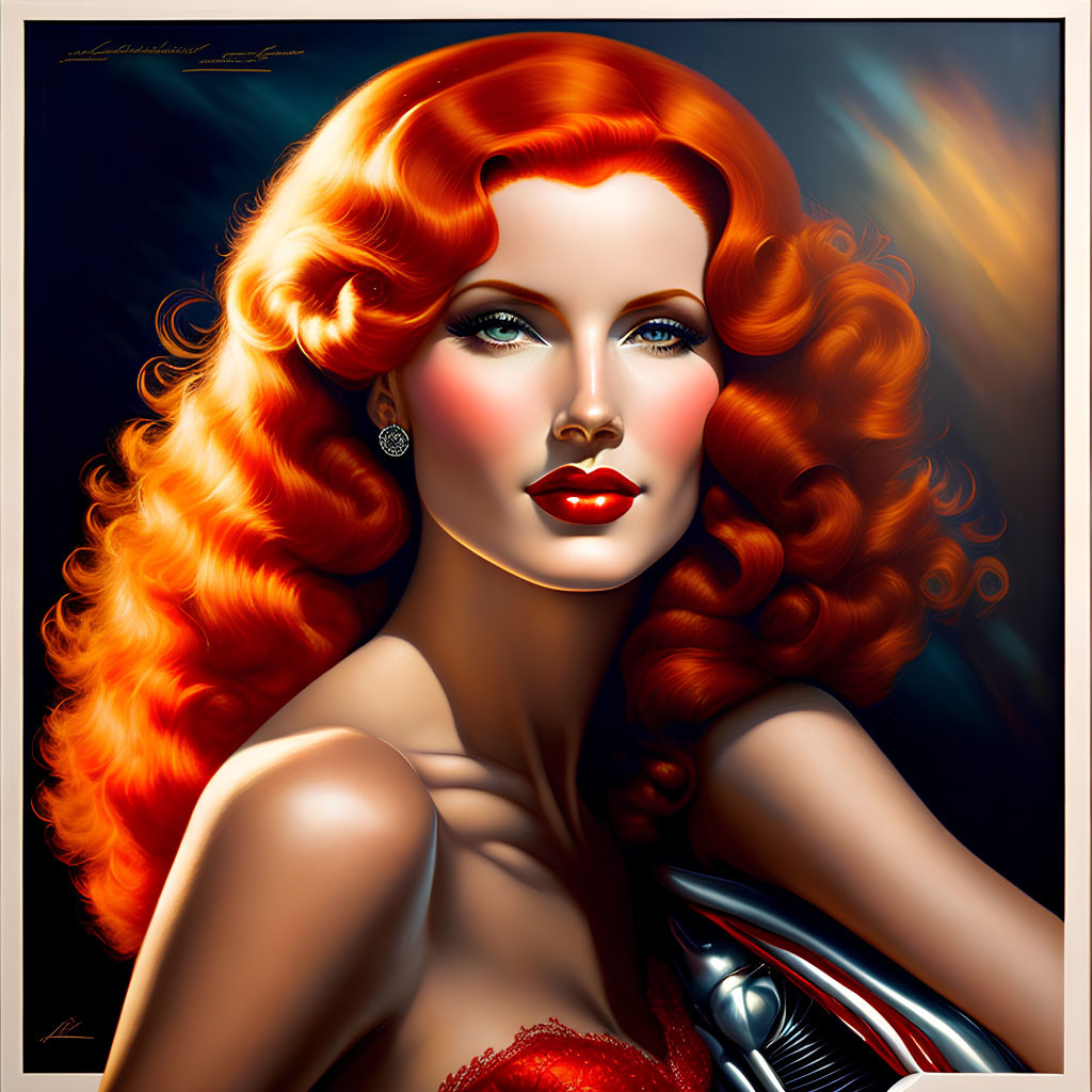 Vibrant red-haired woman in red dress and diamond earrings