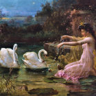 Woman in flowing dress by pond with swans and lush flowers.