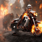 Skeleton on Flaming Motorcycle in Fiery Terrain