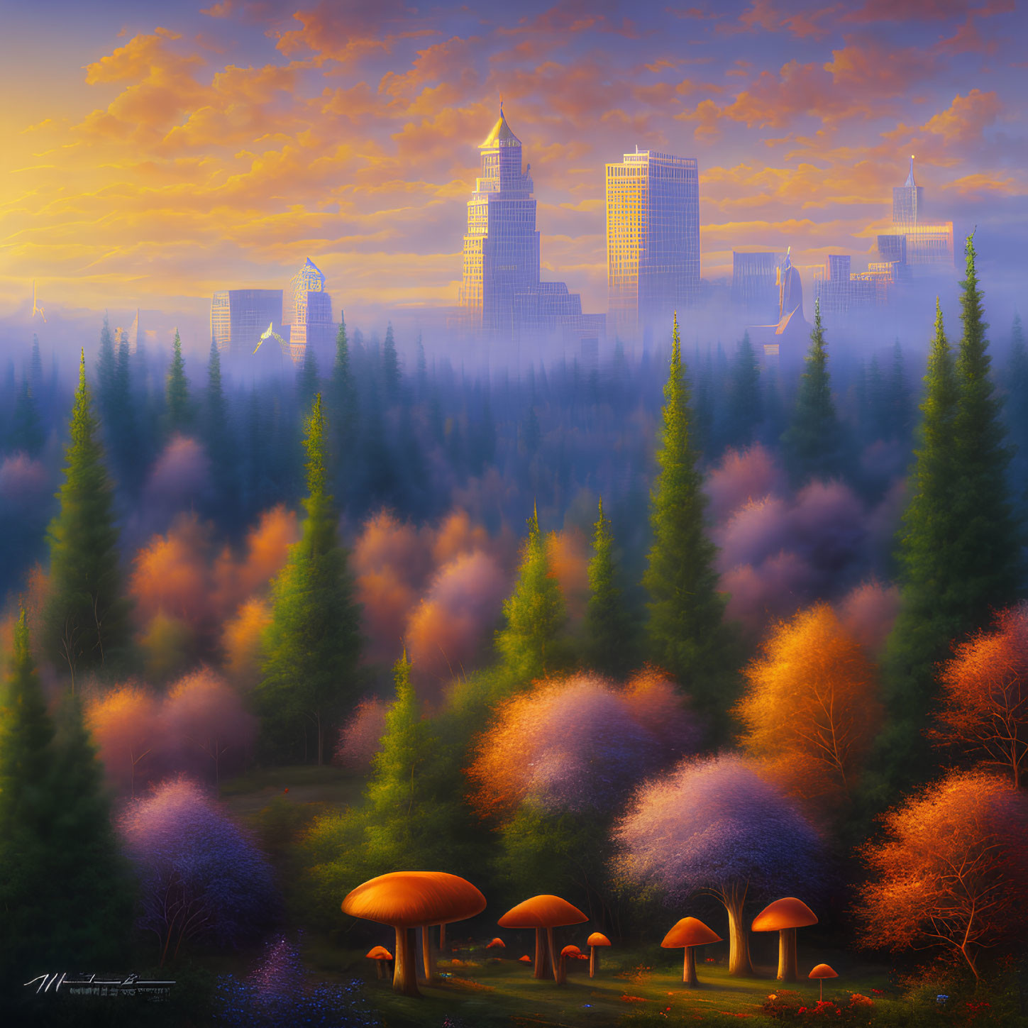 Colorful forest and cityscape artwork with oversized mushrooms and warm sunset.