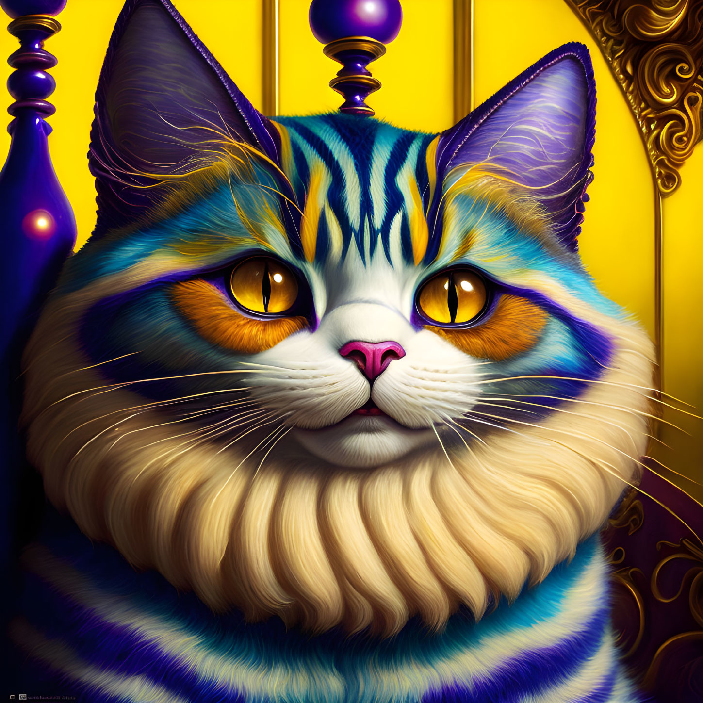 Colorful digital illustration of whimsical cat with orange eyes and blue/white stripes on golden background