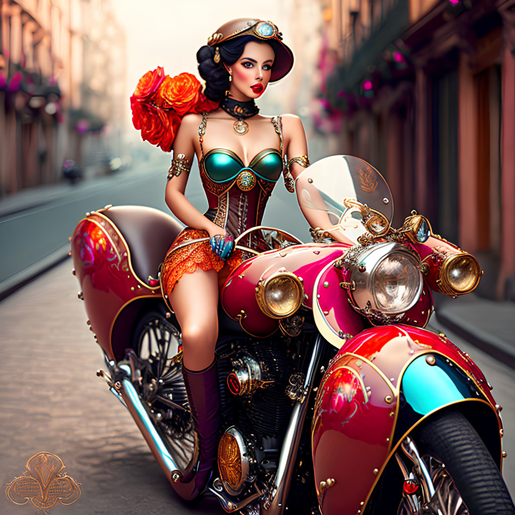 Steampunk-inspired woman on classic motorcycle in city setting