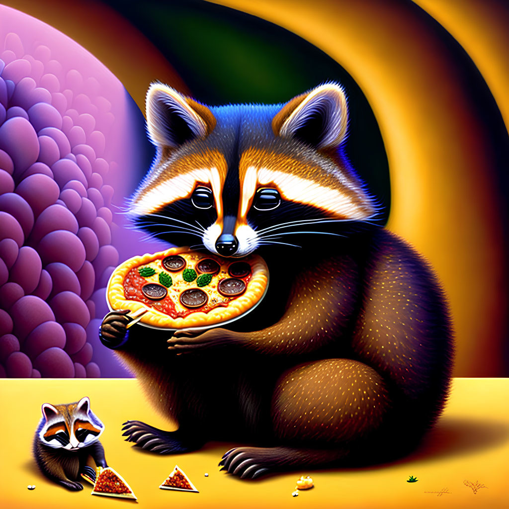 Vivid illustration of large raccoon with pizza slice, whimsical background