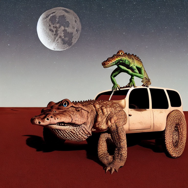 Digital artwork of two crocodiles on an SUV under a starry sky