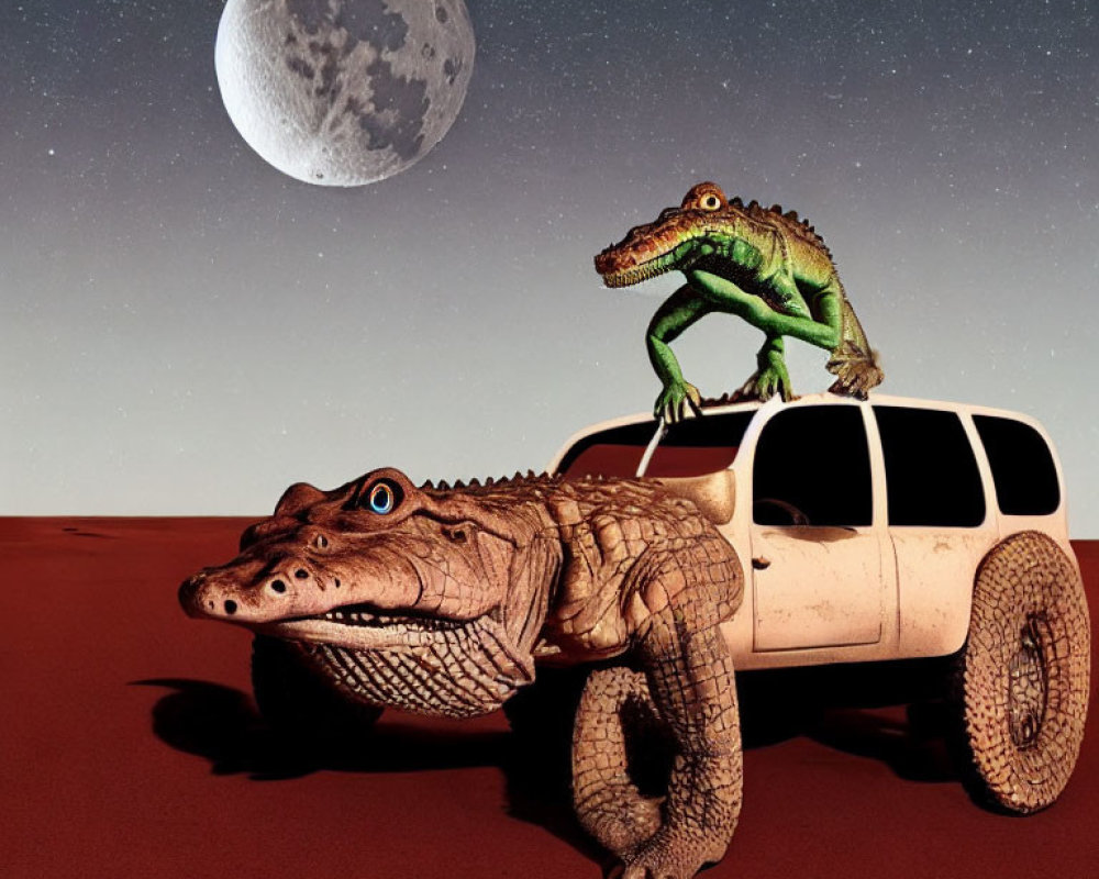 Digital artwork of two crocodiles on an SUV under a starry sky