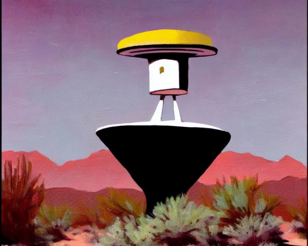 Stylized black and white UFO-like object over desert landscape