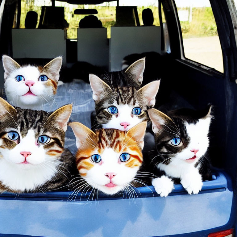 Five Animated Kittens with Expressive Eyes in Car Trunk