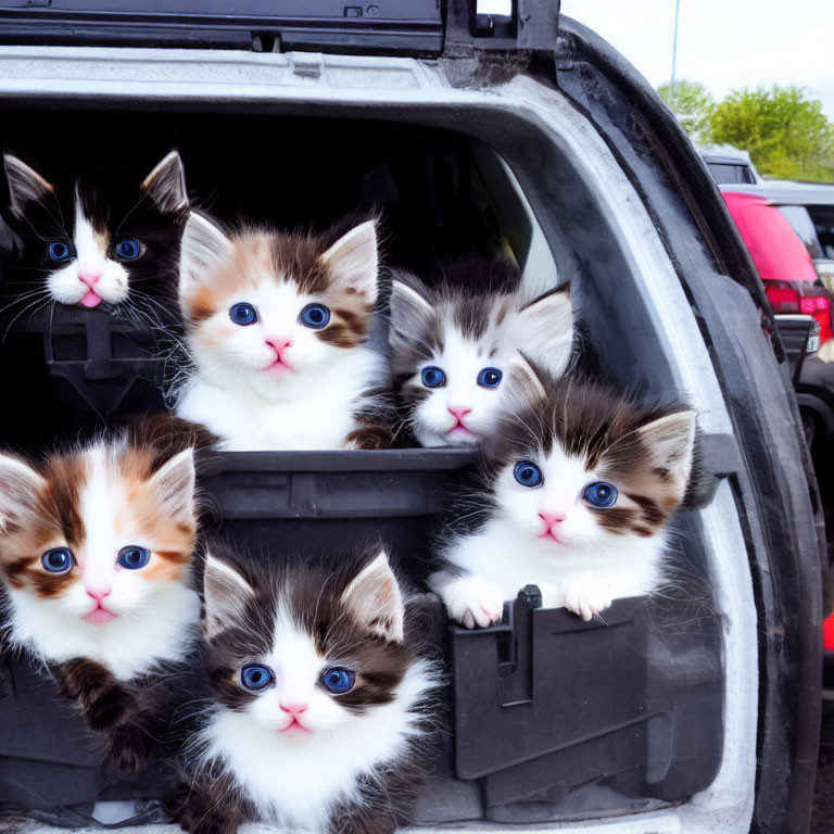 Six cute kittens with blue eyes in car backseat cuddled together.