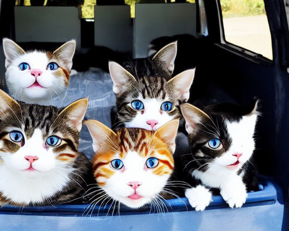 Five Animated Kittens with Expressive Eyes in Car Trunk