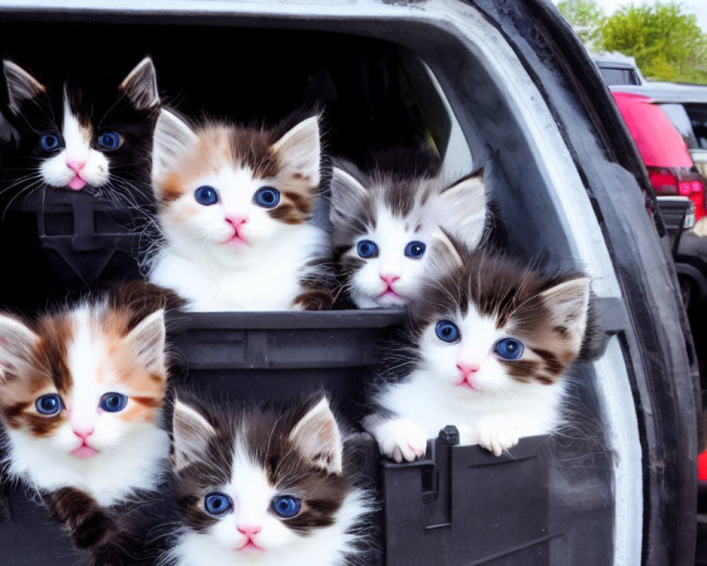 Six cute kittens with blue eyes in car backseat cuddled together.