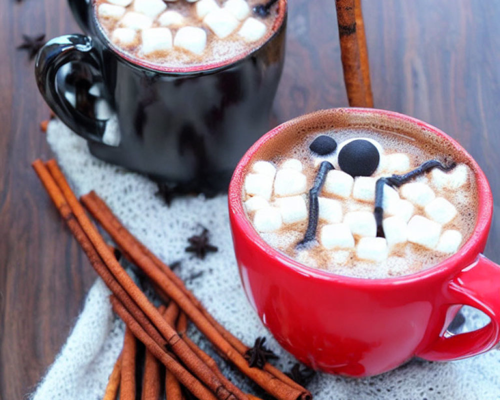 Hot Chocolate Mugs with Marshmallows, Cinnamon, and Star Anise on Wooden Surface