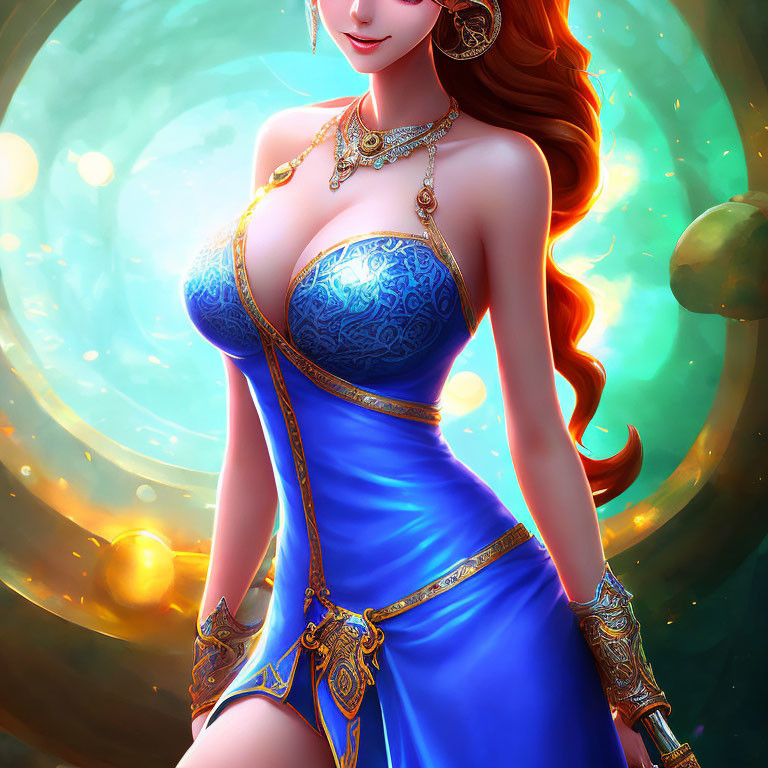 Digital artwork of female character with long red hair in blue dress with golden details and mystical green orbs.