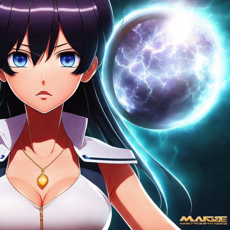 Digital illustration of black-haired anime girl in white/navy outfit against cosmic backdrop