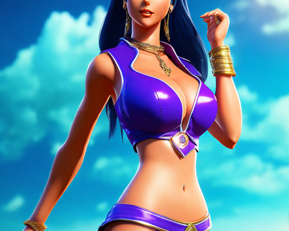 Stylized 3D Rendering of Woman with Blue Hair in Purple Outfit