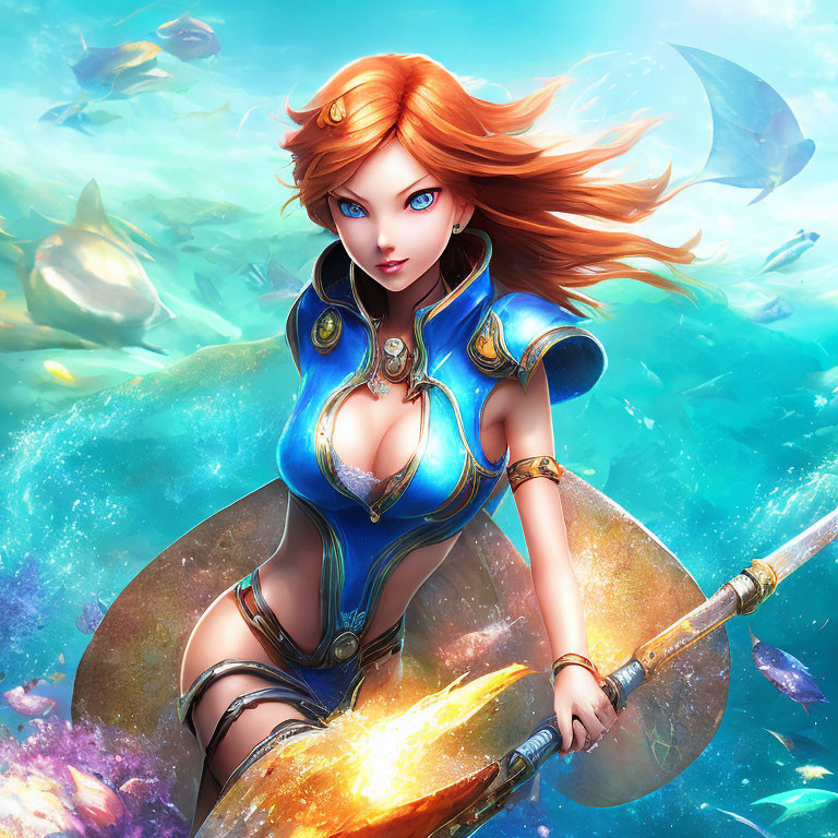 Female warrior in blue futuristic armor with glowing spear among fish in underwater scene