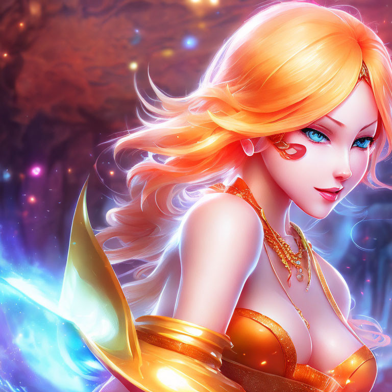 Digital artwork featuring character with golden hair, blue eyes, and gold jewelry in cosmic setting